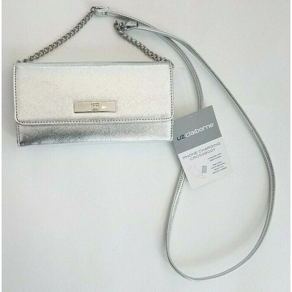 New Liz Claiborne Textured Silver‎ Phone Charging Crossbody Bag Purse 8